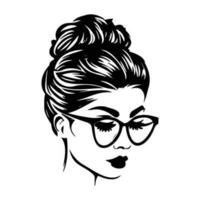 femme visage avec désordonné cheveux dans une chignon longue cils et œil des lunettes icône vecteur