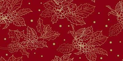 luxe Noël sans couture modèle avec houx arbre d'or branches sur foncé rouge Contexte vecteur