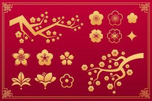 chinois modèle. Orient asiatique traditionnel décoratif or vecteur ornements. floral plante éléments Sakura fleur, feuilles, fleur et branche isolé sur rouge Contexte avec Cadre. vecteur ensemble.