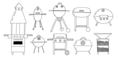 différent sortes de les fumeurs un barbecue esquisser ensemble. vecteur main tiré charbon bouilloires et barbecue grillades ensemble