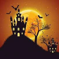 Halloween carte modèle avec plein lune, effrayant château, citrouilles et chauves-souris. vecteur