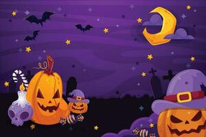 Halloween citrouilles, effrayant des arbres et hanté maison avec clair de lune sur bleu Contexte. vecteur