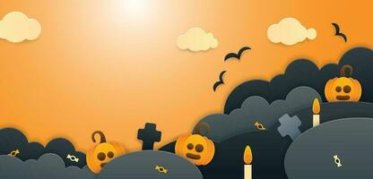 Halloween concept, content jack o lanterne avec ailes en volant parmi citrouilles sur Orange Couleur arrière-plan, minimal style, 3d rendre vecteur