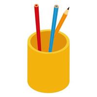 crayons de couleur dans le style isométrique de l'icône de fournitures de tasse vecteur