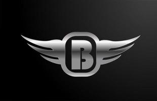 alphabet de logo de lettre b pour les affaires et l'entreprise avec des ailes et la couleur argentée. lettrage et brading d'entreprise avec l'icône du design en métal vecteur