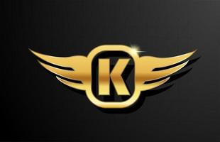 alphabet de logo de lettre d'or de k pour les affaires et l'entreprise avec la couleur jaune. marquage et lettrage d'entreprise avec design et aile en métal doré vecteur