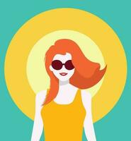 chaud été fille dans une Contexte de brillant Soleil Stock vecteur illustration, lis aux cheveux fille avec des lunettes de soleil dans été vêtements plat style Stock vecteur image