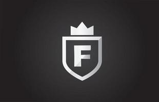 f icône du logo lettre alphabet en couleur grise et noire. conception de bouclier pour l'identité de l'entreprise avec couronne royale vecteur