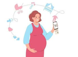 Enceinte femme détient une téléphone intelligent dans sa main. achats en ligne dans le mobile application. enfants choses, jouets vecteur