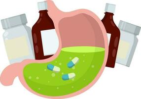 estomac et pilule. médicament dissolvant. maladie de l'organe interne humain. illustration plate de dessin animé. prendre des médicaments. soins médicaux. douleur au ventre. capsule et digestion. demande de préparation orale vecteur