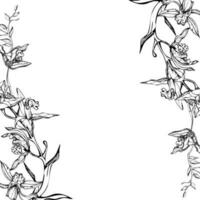 main tiré vecteur encre orchidée fleurs et branches, monochrome, détaillé contour. carré Cadre composition. isolé sur blanc Contexte. conception pour mur art, mariage, imprimer, tatouage, couverture, carte.