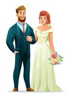 illustration de mariage couple personnages. content jeune marié dans mariage robe. la mariée en portant bouquet vecteur