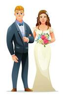 mariage couple personnage de homme et femme juste marié. content jeune marié dans mariage robe avec des roses bouquet vecteur