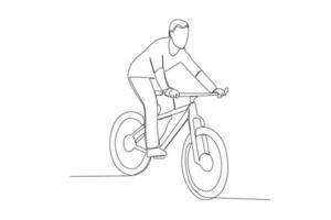 vecteur un continu Célibataire ligne dessin de Jeune homme équitation vélo pour exercice en bonne santé banlieusard mode de vie concept linéaire esquisser isolé