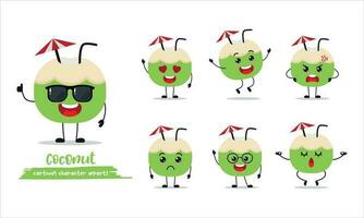 mignonne vert noix de coco dessin animé avec beaucoup expressions. différent activité pose vecteur illustration plat conception ensemble porter des lunettes de soleil.