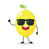 mignonne content citron personnage porter des lunettes de soleil. marrant citron saluer ami dessin animé émoticône dans plat style. fruit emoji vecteur illustration