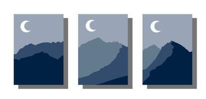 ensemble de abstrait paysage affiche. Montagne paysage nuit Contexte avec lune. vecteur illustration