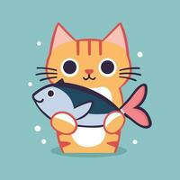 mignonne chat en portant poisson dessin animé icône logo illustration personnage mascotte dessin animé kawaii dessin art vecteur