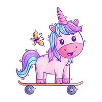 mignonne Licorne est en jouant planche à roulette dessin animé vecteur