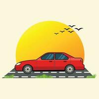 rouge voiture avec le coucher du soleil art illustration vecteur conception