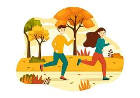 tomber activité vecteur illustration avec Activités comme une gens monte une vélo, lis livre, se détendre ou le jogging dans le l'automne ville parc modèles