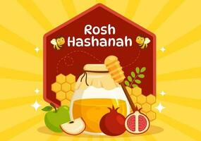 content rosh hashanah vecteur illustration de juif Nouveau année vacances avec pomme, Grenade, mon chéri et abeille dans plat dessin animé main tiré modèles