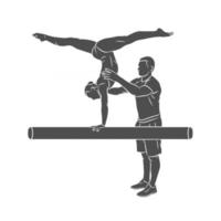 Entraîneur de silhouette formant un jeune gymnaste à l'équilibre sur une poutre de gymnastique sur une illustration vectorielle de fond blanc vecteur