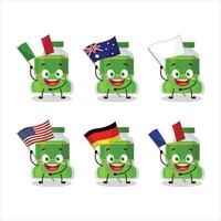 Pesto bouteille dessin animé personnage apporter le drapeaux de divers des pays vecteur