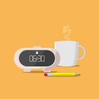 un alarme horloge, crayon et tasse de café sur une Jaune Contexte vecteur