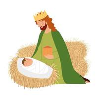 nativité, crèche avec bébé jésus, roi sage melchior avec dessin animé cadeau vecteur