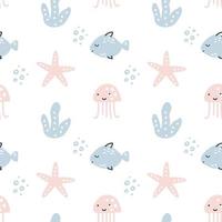 modèle vectoriel harmonieux scandinave avec poissons, étoiles de mer et points. design tendance de vecteur d'été parfait pour les impressions, les dépliants, les bannières, le tissu, les invitations