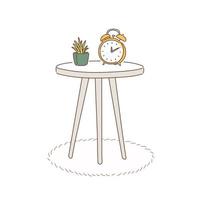 horloge et pot de fleurs de cactus sur une petite table. illustrations de conception de vecteur de style dessinés à la main.