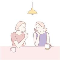 deux amis sont assis dans un café et racontent un secret. illustrations de conception de vecteur de style dessinés à la main.