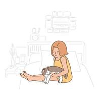 une jolie petite fille est assise sur le lit avec un chat. illustrations de conception de vecteur de style dessinés à la main.