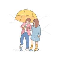 mignon garçon et fille marchant ensemble sous la pluie avec des parapluies. illustrations de conception de vecteur de style dessinés à la main.