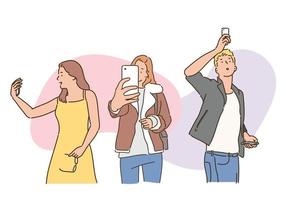 les gens prennent des selfies avec leur téléphone. illustrations de conception de vecteur de style dessinés à la main.