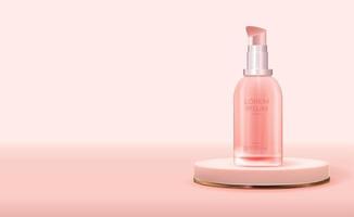 Produit cosmétique de beauté naturelle réaliste 3D pour les soins du visage sur le podium rose. modèle de conception de produit de cosmétiques de mode pour les annonces, les dépliants ou l'arrière-plan du magazine. illustration vectorielle vecteur