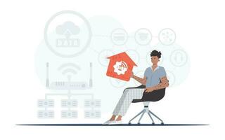 iot concept. une homme est assis dans un fauteuil et détient une maison icône dans le sien mains. bien pour sites Internet et présentations. vecteur illustration dans plat style.