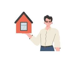 le homme est représenté jusqu'à la taille en portant une maison dans le sien mains. réel biens vente concept. isolé. vecteur illustration.