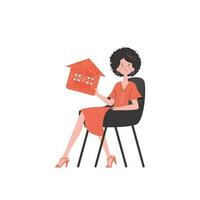 le fille est assis dans une chaise et détient un icône de une maison dans sa mains. l'Internet de des choses concept. isolé sur blanc Contexte. vecteur illustration dans plat style.