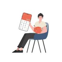 une homme est assis dans une chaise et détient une calculatrice et une porcin banque dans le sien mains. isolé sur blanc Contexte. vecteur illustration.