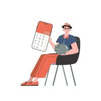 une homme est assis dans une chaise et détient une calculatrice et une porcin banque dans le sien mains. isolé sur blanc Contexte. vecteur illustration dans une plat style.