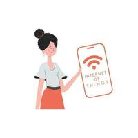 une femme détient une téléphone avec le iot logo dans sa mains. iot et automatisation concept. vecteur illustration dans branché plat style.