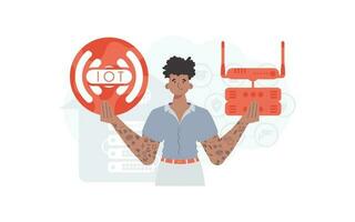 iot concept. une homme détient le l'Internet de des choses logo dans sa mains. routeur et serveur. bien pour sites Internet et présentations. vecteur illustration dans branché plat style.