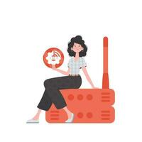 une femme est en portant un l'Internet chose icône dans sa mains. routeur et serveur. iot concept. isolé. vecteur illustration dans plat style.