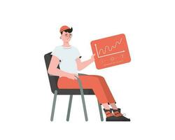 une homme est assis dans une chaise et détient une panneau avec analyseurs et indicateurs dans le sien mains. l'Internet de des choses concept. isolé. vecteur illustration dans plat style.