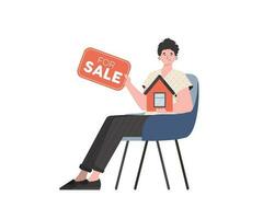 une homme est assis sur une chaise avec une signe dans le sien mains pour vente. le concept de vente une maison. isolé. vecteur illustration.