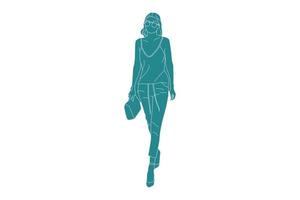 illustration vectorielle d'une femme décontractée marchant avec son mini sac, style plat avec contour vecteur