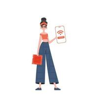 le fille est en portant une téléphone avec le iot logo dans sa mains. l'Internet de des choses et automatisation concept. branché plat style. vecteur illustration.