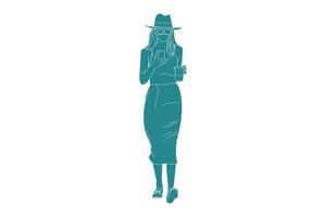 Vector illustration of casual woman with skirt holding handphone, style plat avec contour